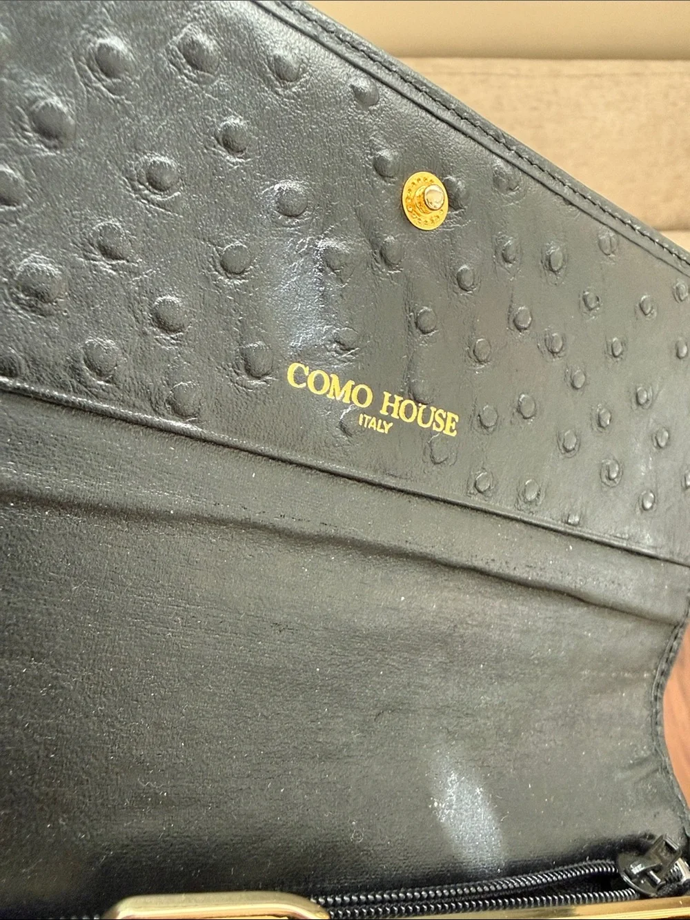ITALIAN Black Ostrich-Texture Continental Wallet with Gold Emblem
